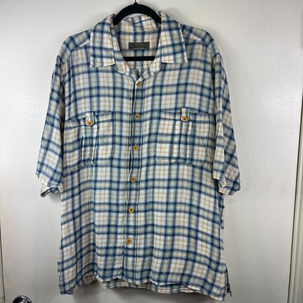 J L Powell Shirt Mens XL Blue Plaid Short Sleeve Button Down Lightweight Cotton
